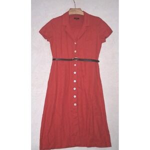 Quince 100% European Linen Button Front Shirt Dress Belted Chile Red Medium READ